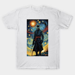 Starry Night Shadows: Van Gogh's Ninja Nightfall T-Shirt